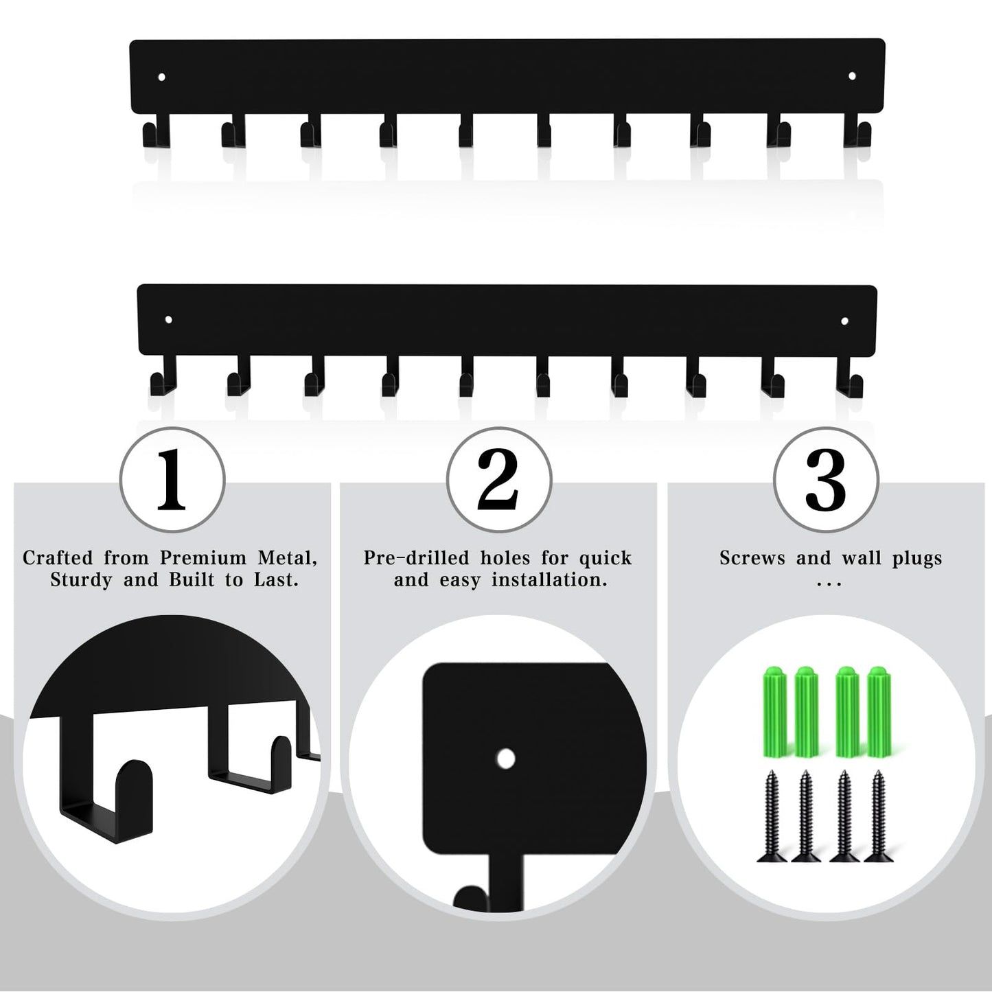 FengPingZi 14inch Wall Key Holder with 10 Hooks(2 Sets), Metal Key Rack Wall Mount for Keys, Bags and Leashes, Key Hanger for Decorative Organizer Apartment，Entryway,livingroom,Black