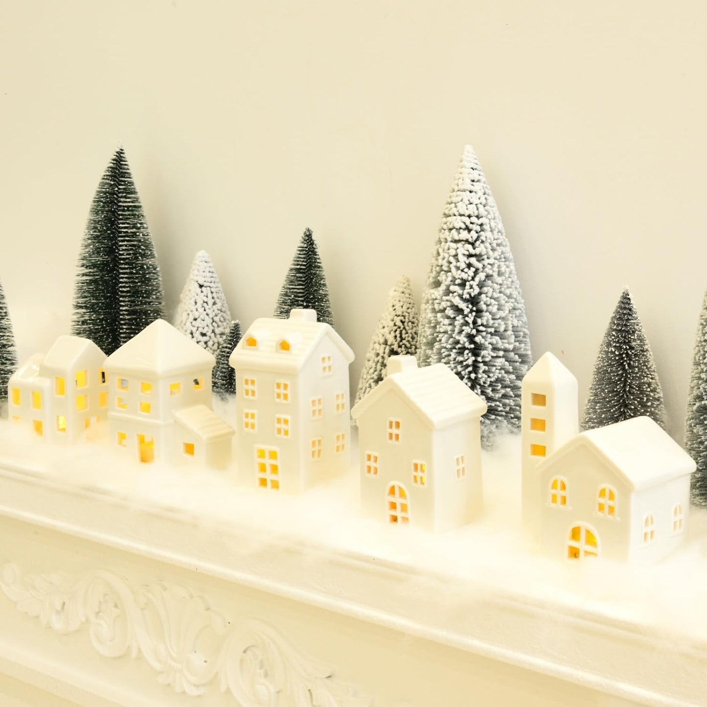 Regine Switzerland Ceramic Christmas Village Houses Set - 5 White Houses, 9 Trees & Fake Snow for Festive Home Decor