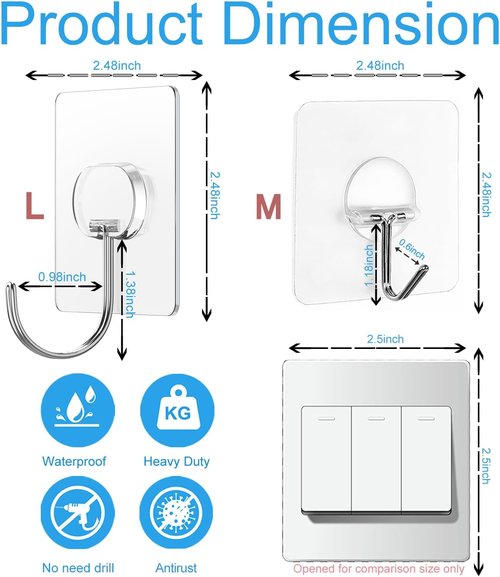 JINSHUNFA Heavy Duty Adhesive Wall Hooks - 13LB Capacity, Waterproof, No Drill - 12 Pack for Bathroom & Kitchen