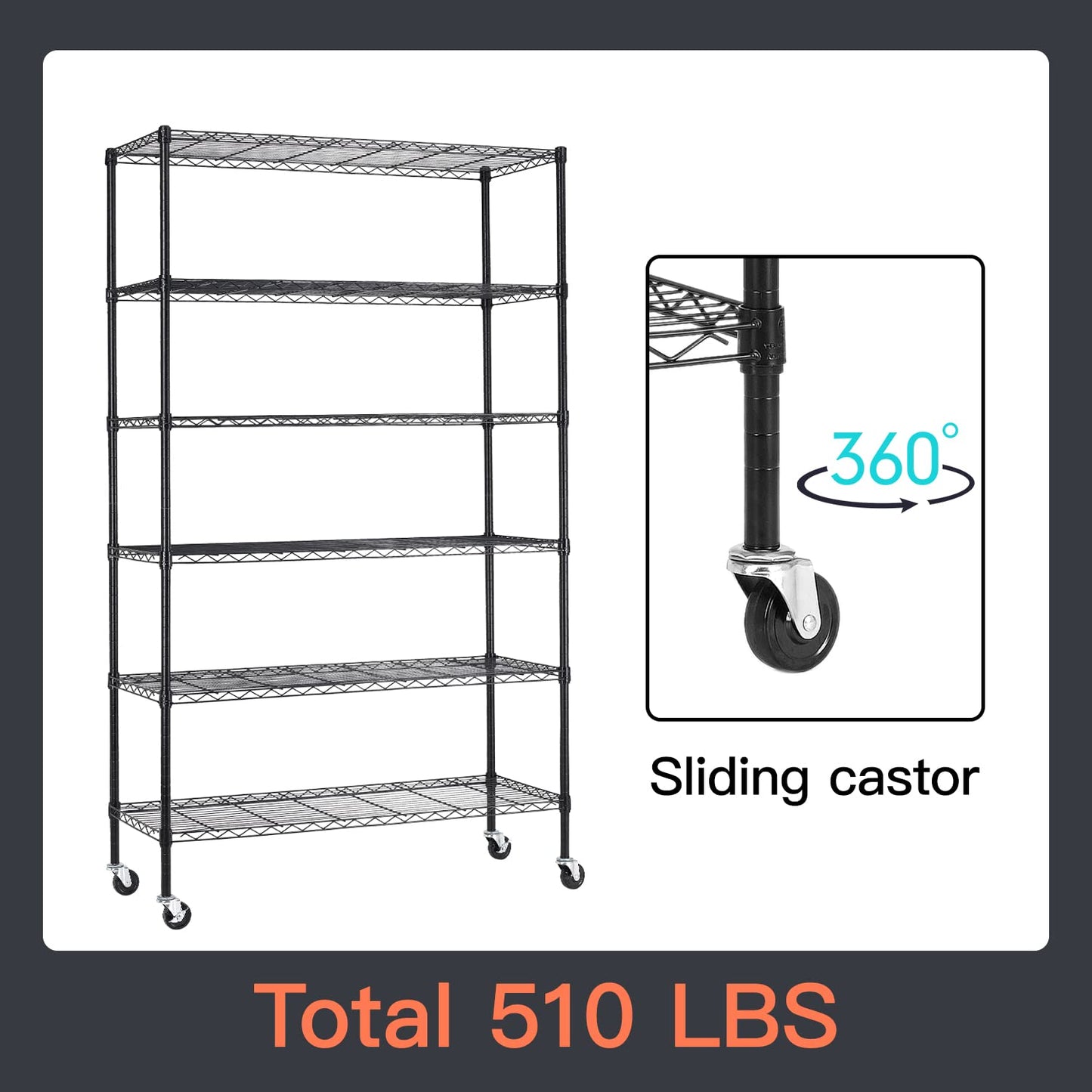BestOffice Commercial Wire Shelving Unit Metal Shelf Casters Adjustable Layer Rack Strong Steel for Restaurant Garage Pantry Kitchen Garage (45×18×82, Black)