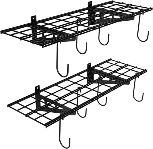 FLEXIMOUNTS Garage Wall Shelving - 2-Pack 1x3 Ft | Includes 8 Bike Hooks & 300 Lbs Capacity