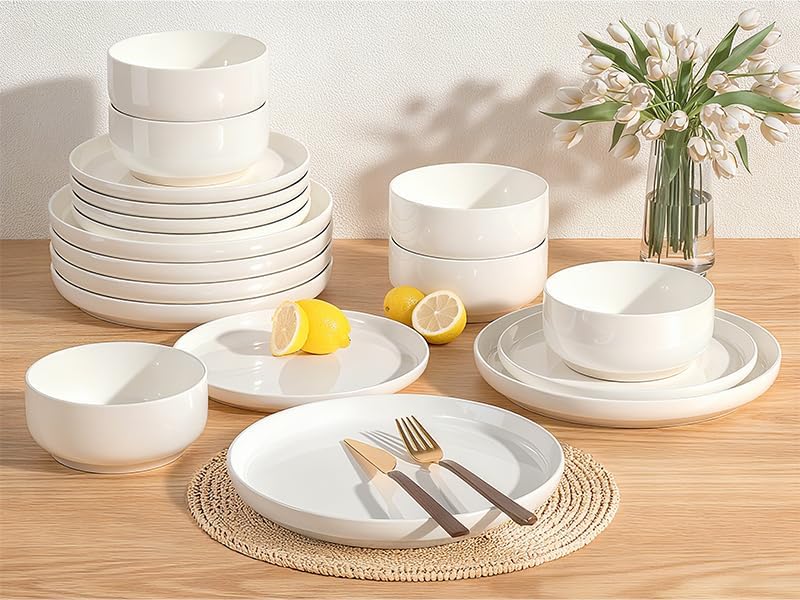 Skiennix Dinnerware Set - 12-Piece Ceramic Plates & Bowls Set for 4 | Scratch Resistant, Microwave & Dishwasher Safe, Cream White
