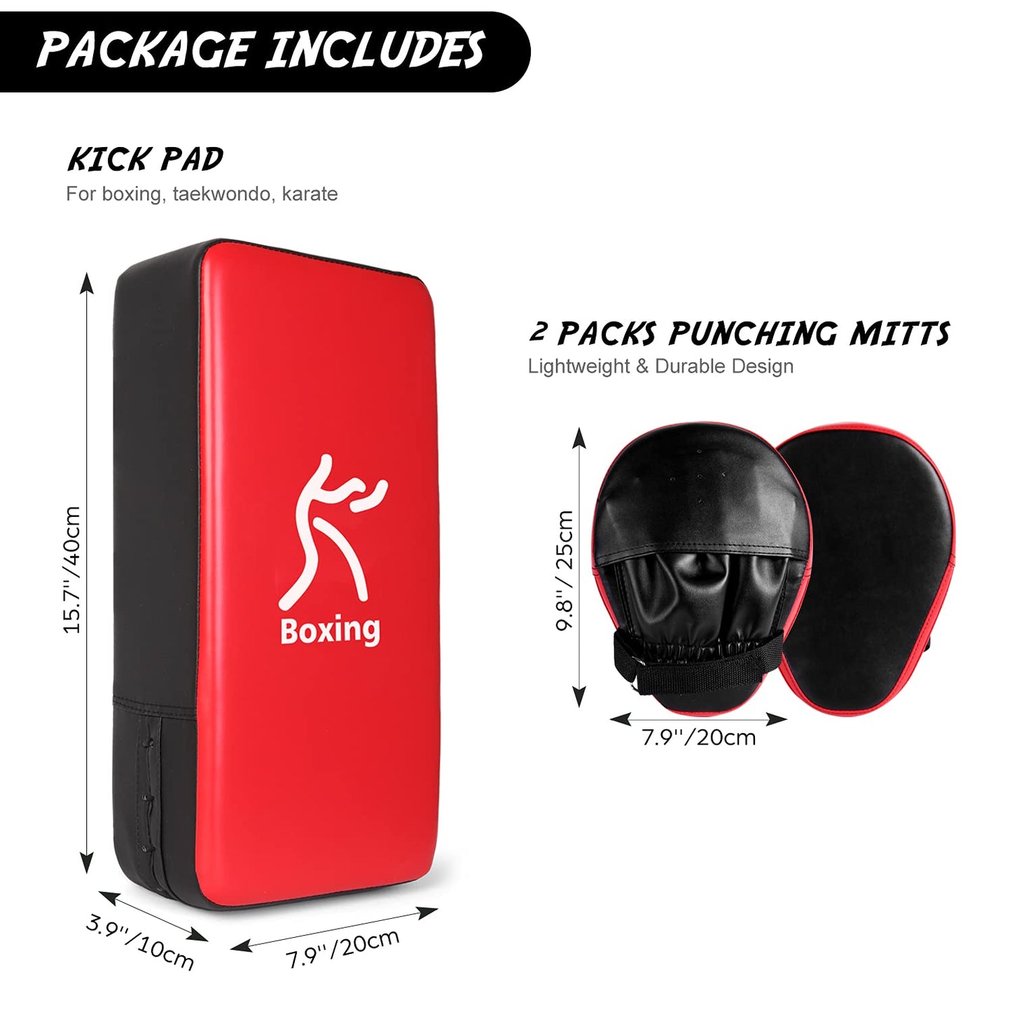 Odoland 2-in-1 Punching Mitts Kick Pack Set, Boxing Mitts Focus Pads, Taewondo Kick Pad, Great for Boxing, Kickboxing, Karate, Muay Thai, MMA Training, Black/Red