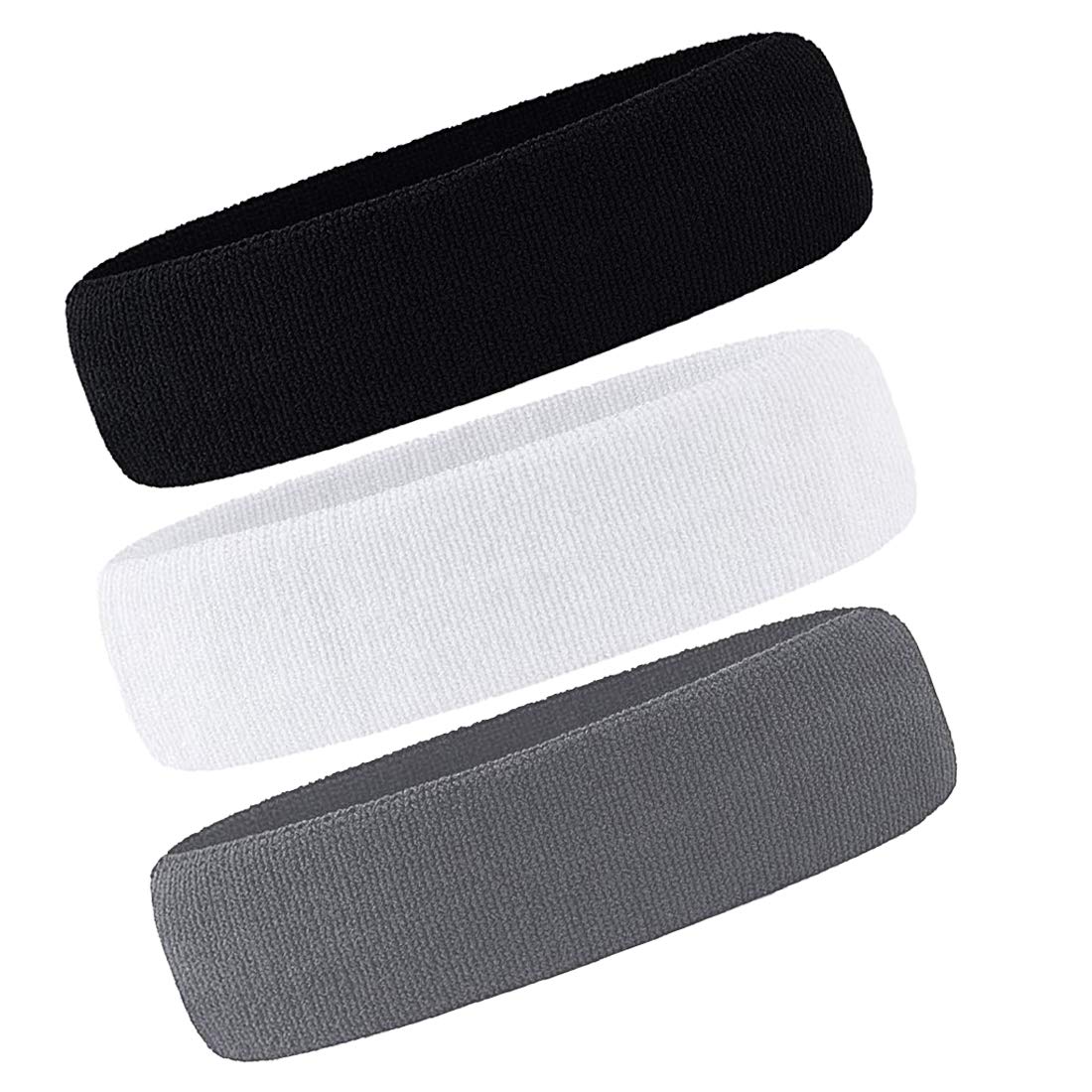 3 Pack Men & Women Sweatband Headband Terry Cloth Moisture Wicking for Sports Tennis Gym Work Out (White,Black,Gray)