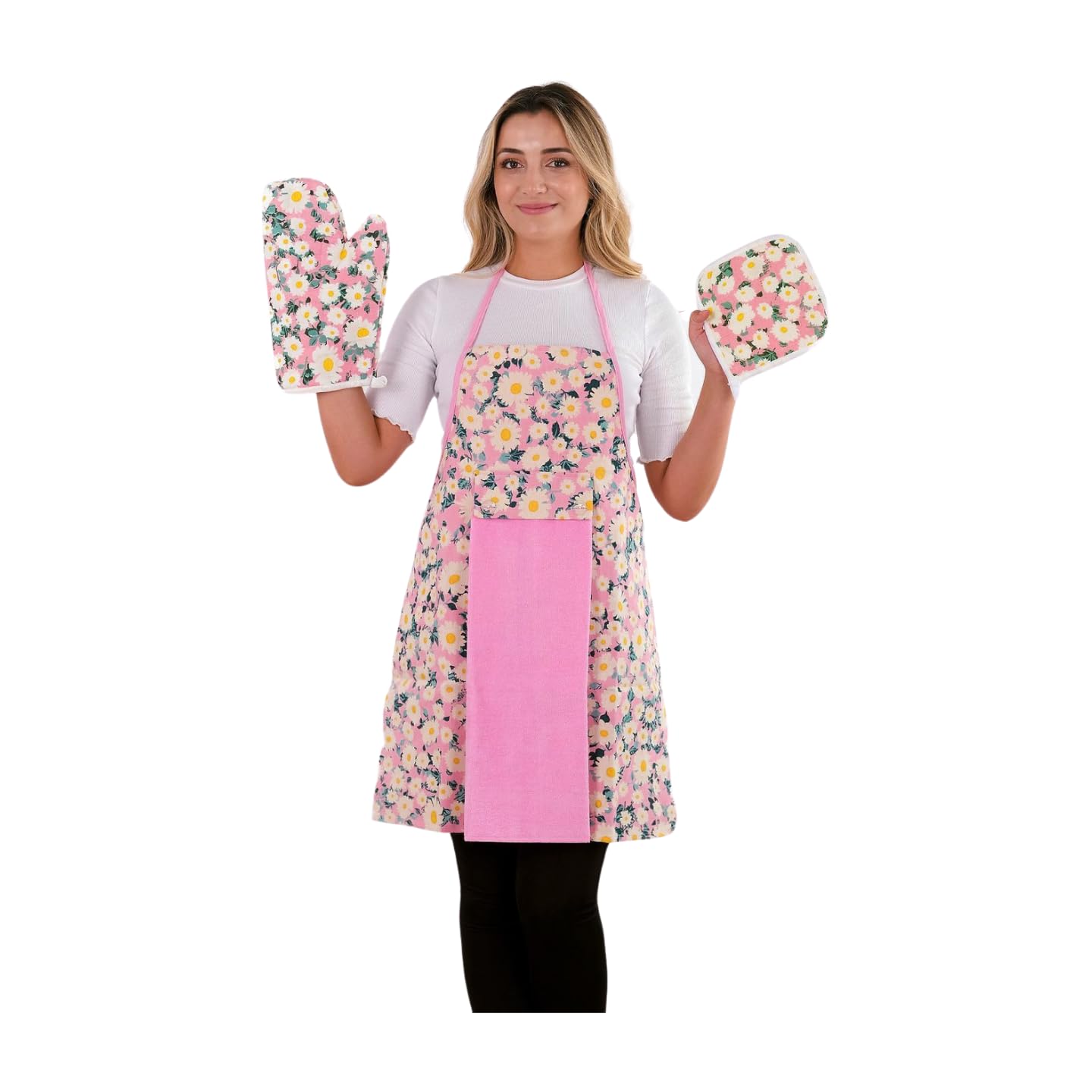 OceanSSH Floral Kitchen Apron and Oven Mitt Set-(4 pieces); Multicolor Waterproof Apron - Oven Mitt - Pot Holder - Hand Towel (pink)
