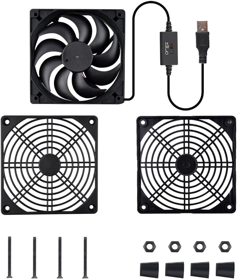 120mm 3-Degree 5V Quiet Router Fan Cooler with L/M/H Speed Controller, DC USB Powered Cooling Case Fan for Router Modem