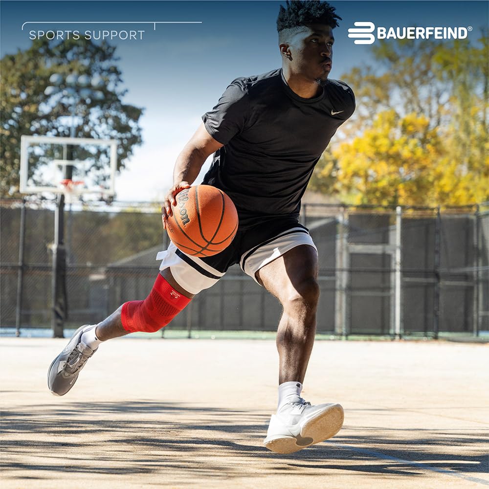 Bauerfeind Sports Compression Knee Support NBA - Lightweight Design with Gripping Zones for Basketball Knee Pain Relief & Performance with Team Designs (Black, L)