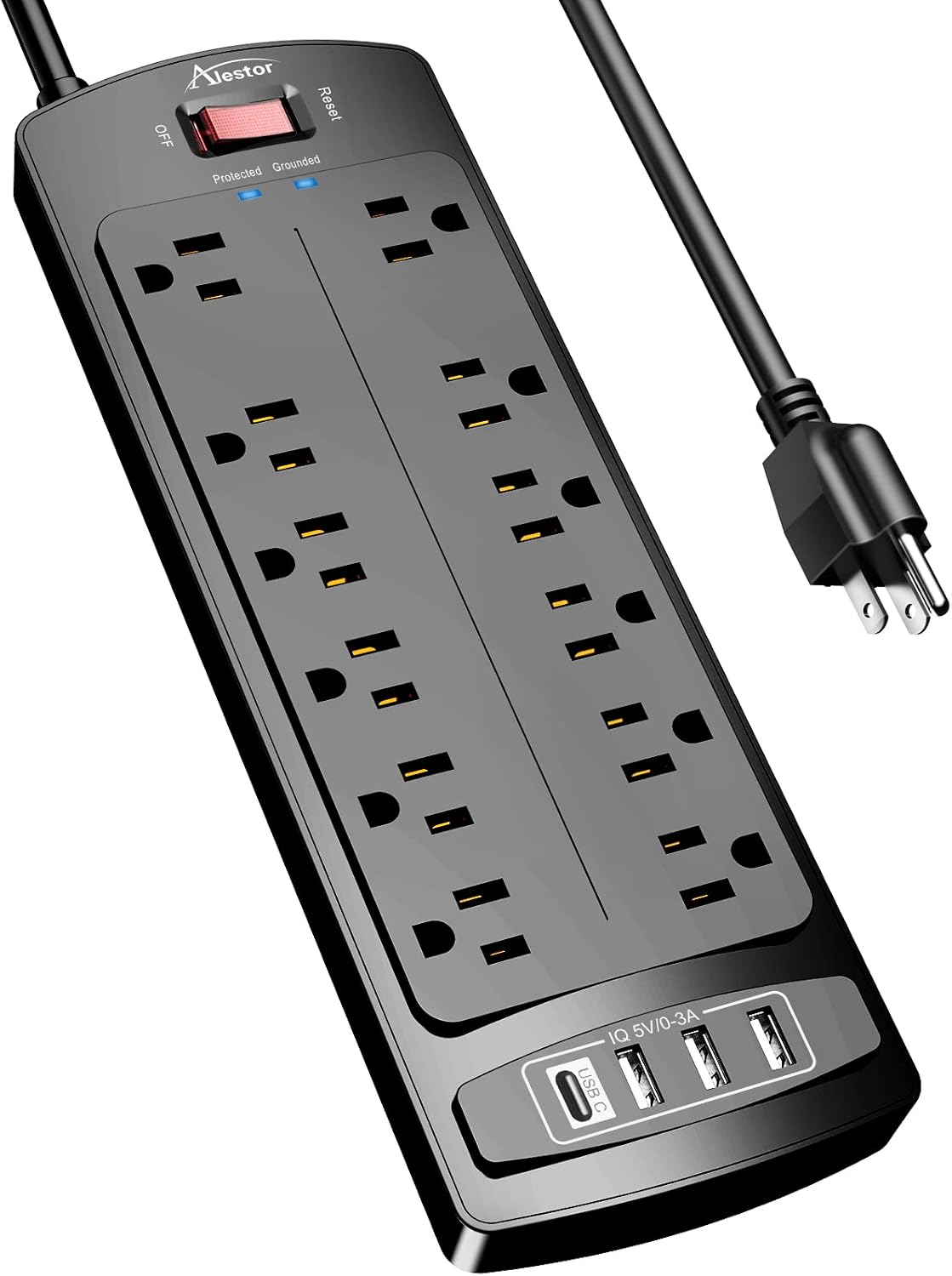Alestor 12 4 6 (1875W/15A), 2700 Power Strip, Surge Protector with Outlets and USB Ports, Feet Extension Cord Joules