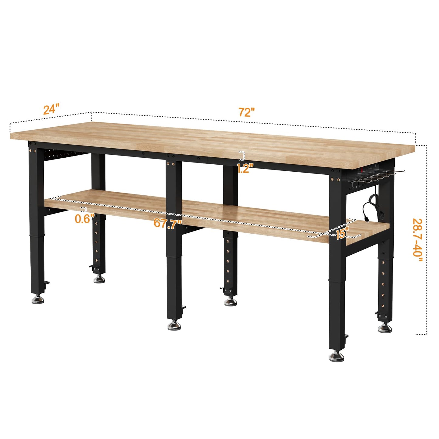 SPECRAFT 72"x24" 2-Tier Adjustable Workbench with 4 AC Outlet and 2 USB Ports Power Outlets, 6000 Lbs Capacity Heavy Duty Workbench, Rubber Wood Top for Garage, Workshop, Office