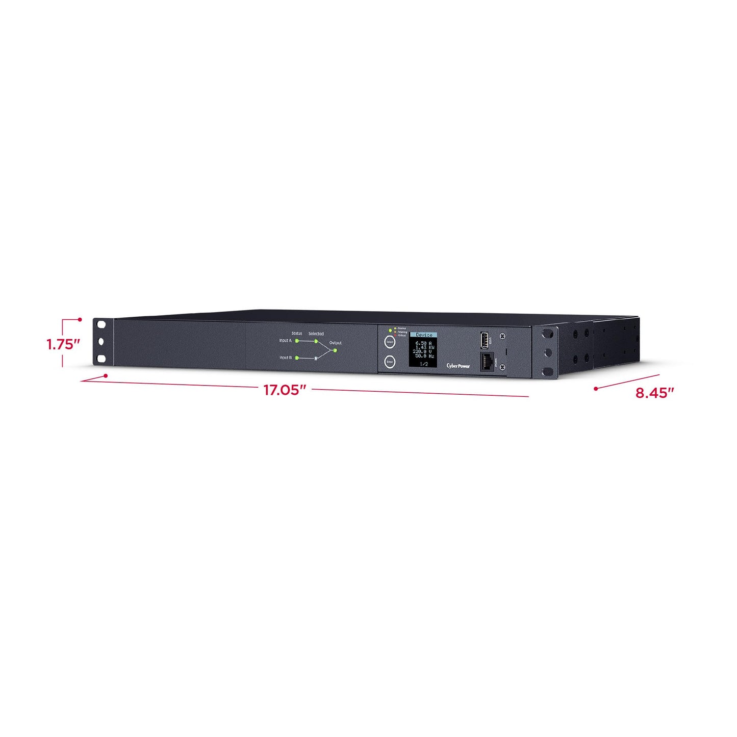 CyberPower PDU24005 Metered ATS PDU, 200-240V, 20A (Derated to 16A), 10 Outlets, 1U Rackmount