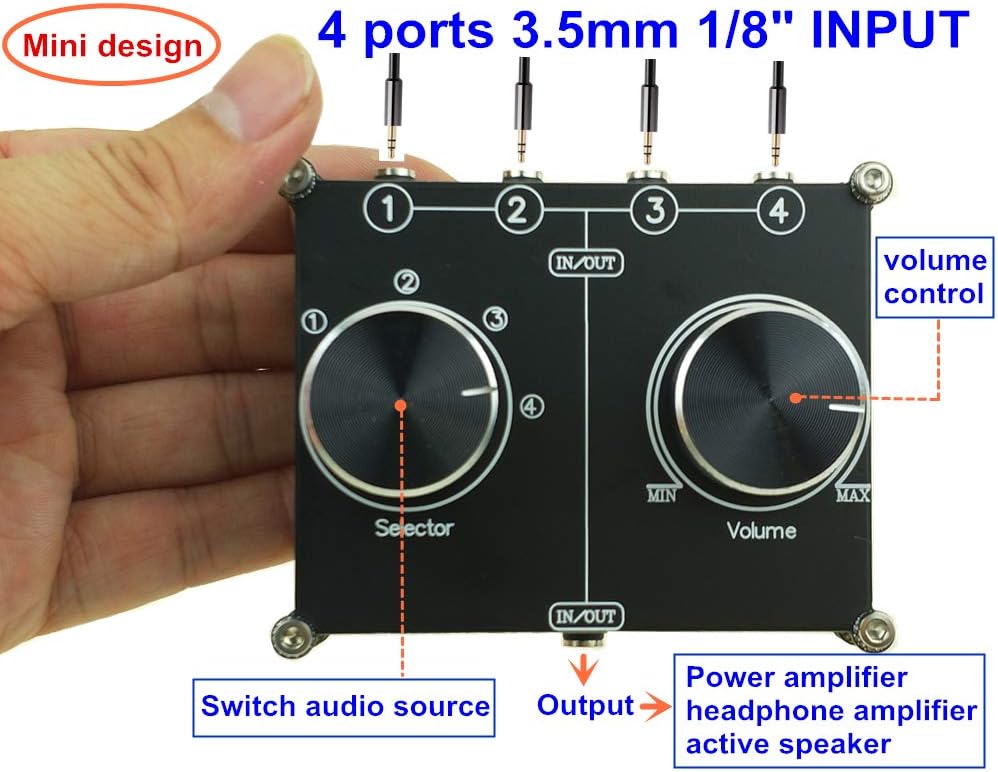 SOLUPEAK 3.5mm 4 1 1/8" AUX Cable Switcher, Input Output, AUX Source Stereo Splitter, Audio Selector Box, Signal Switch