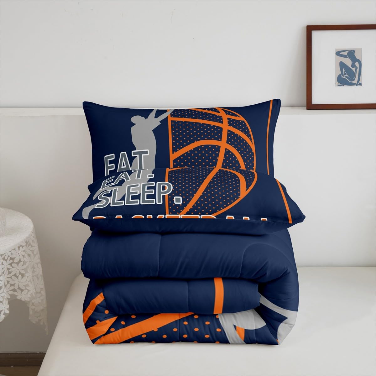 Feelyou Kids Basketball Game Bedding Set Full Size,Soprts Theme Basketball Comforter Set,Boys Girls Bedroom Room Decor,Basketball Player Comforter,Navy Blue Bed Set for All Season
