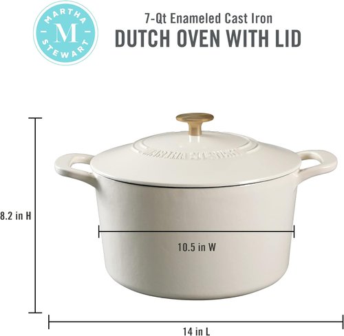 Martha Stewart Gatwick 7-Quart Enamel Cast Iron Dutch Oven - Linen White with Gold | Durable for Slow Cooking & Baking