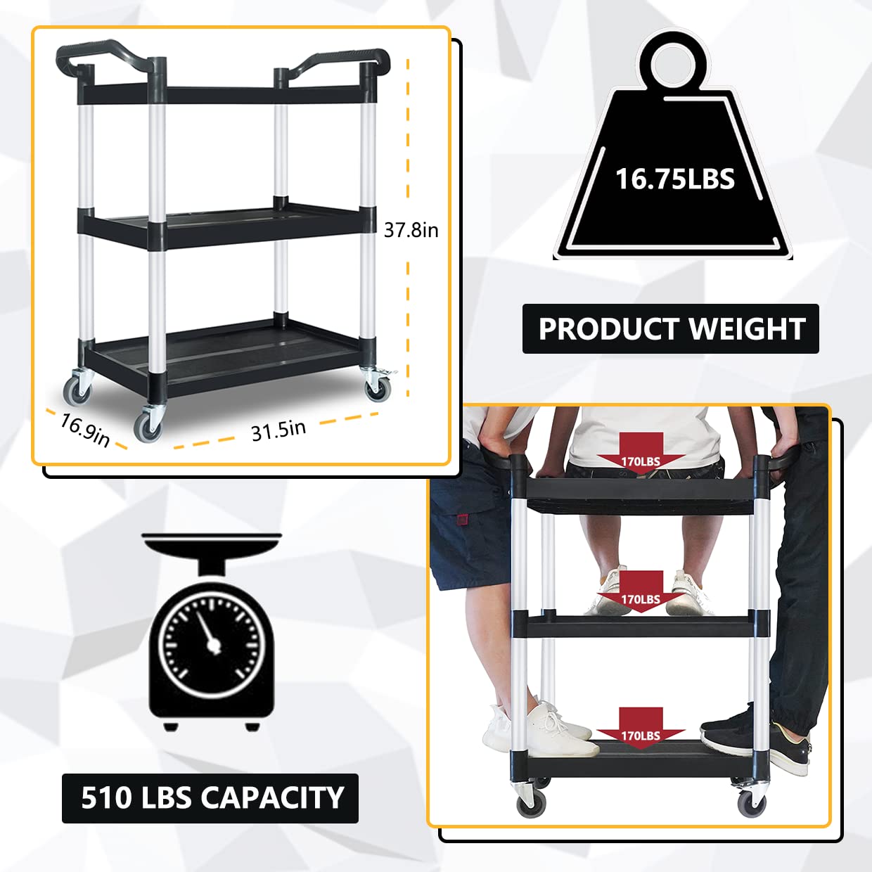 PELOEMNS Plastic Utility Carts with Wheels, Heavy Duty 510lbs Capacity Rolling Service Cart, 3-Tier Restaurant Food Cart with Hammer for Office, Warehouse, Garage (Lockable Wheels, Black)