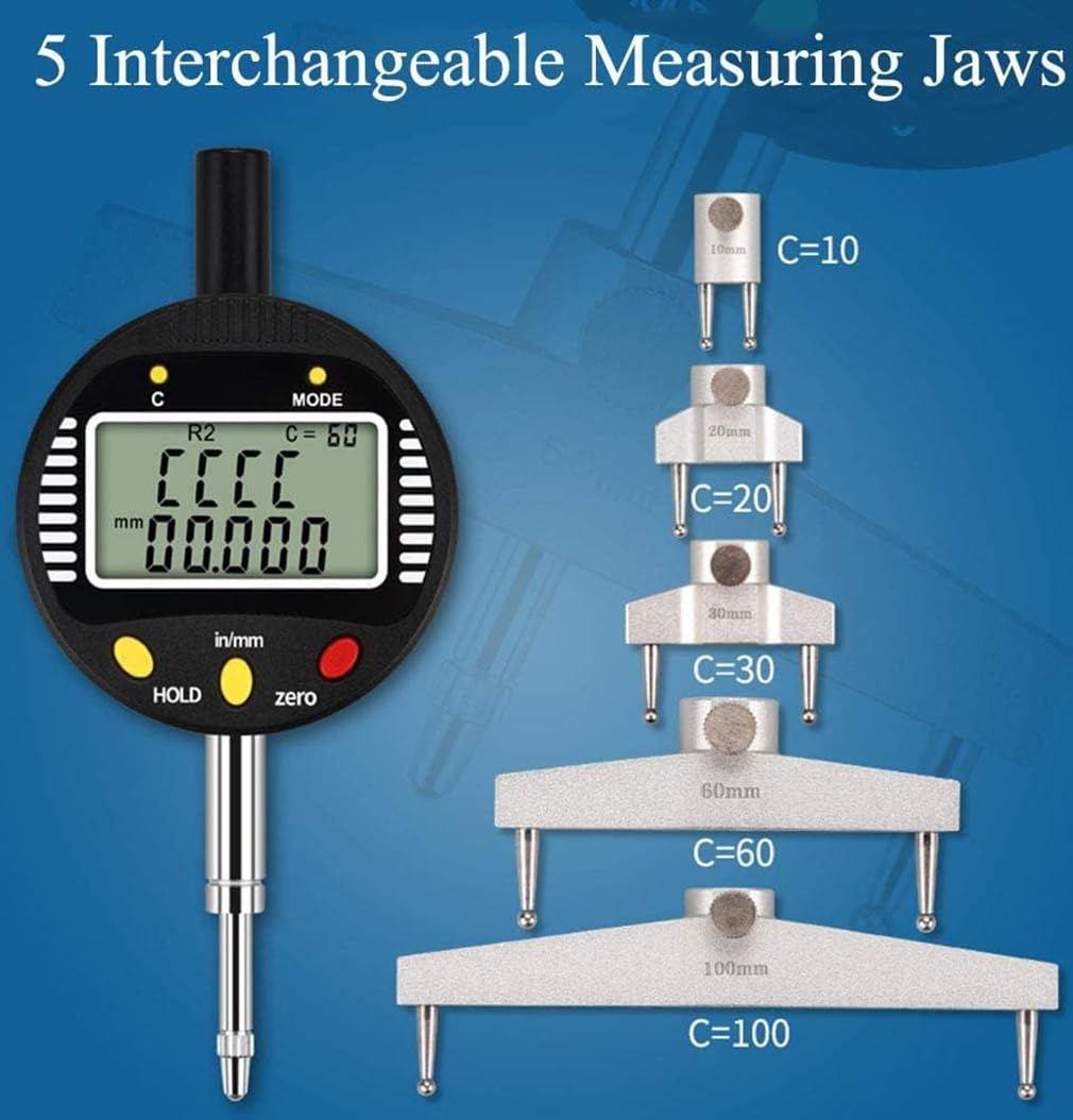 AICEYI Digital Inner and Outer Radius Measuring Instrument with 10mm/20mm/30mm/60mm/100mm Replaceable Measuring Claws,Black Radius Range: 5-700mm (0.2-27.5in”), Linear Range: 0-12.7mm (0-0.5in”)