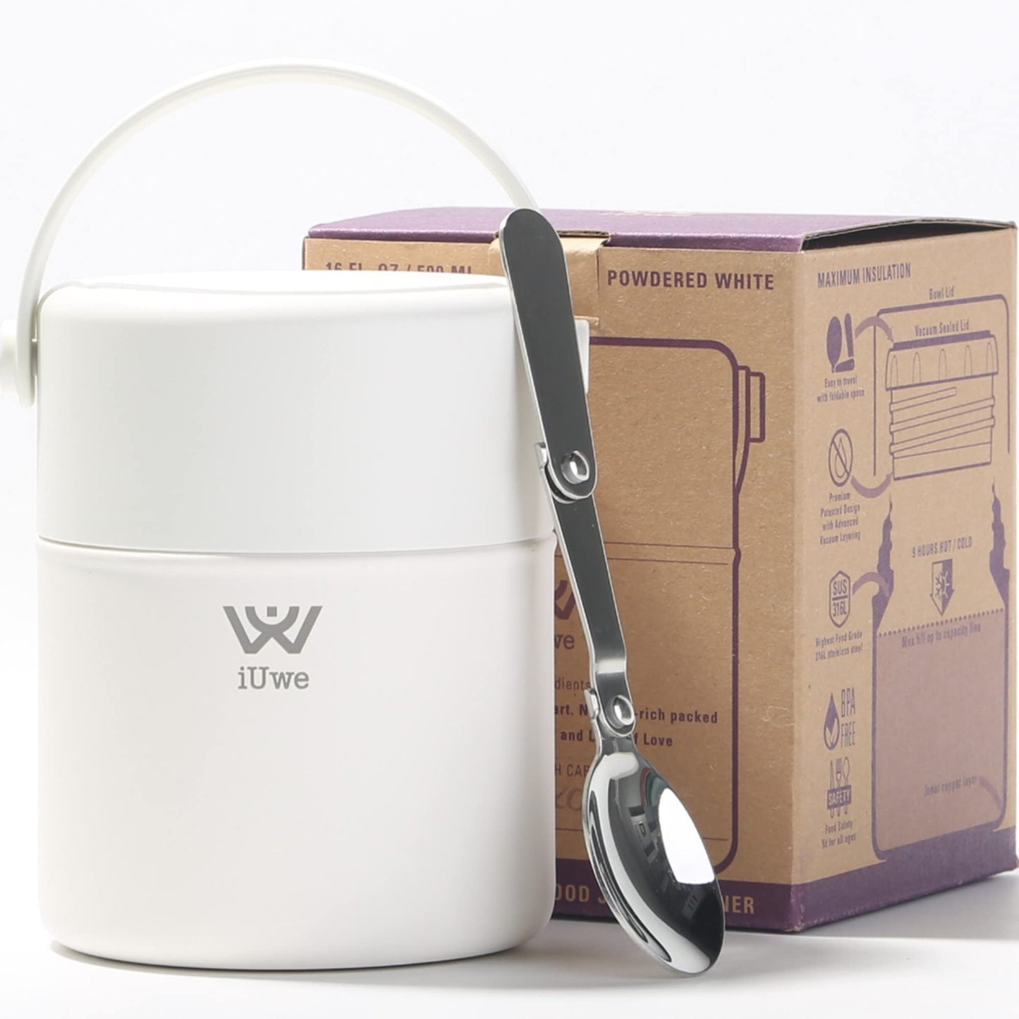 iUwe 16oz Food Thermos for Hot Food Kids Lunch Container with Spoon. 316L Stainless Steel Small Thermal School Lunchbox Leak Proof Travel Soup Thermos Insulated Food Jar for Adult Camping. (White)