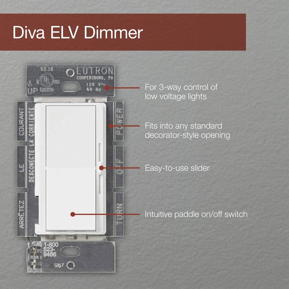 Lutron Diva Electronic Low Voltage Dimmer | 300-Watt, Single-Pole or 3-Way | DVSCELV-303P-MN, Midnight