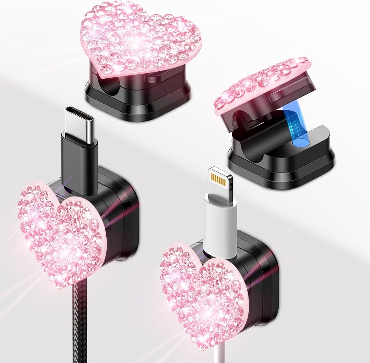 Mifoneix 4 Pack) Bling Cord Organizer Holder,Heart Shape Magnetic Cable Clips with Strong AdhesiveDesk Cable Holder