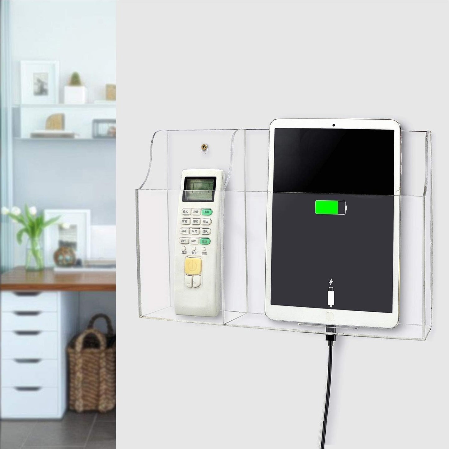Yoillione 2 2.0 Wall Mount Tablet and Phone Charging Stand for Tablet, Smartphone, E-Book, Slots Remote Control Holder