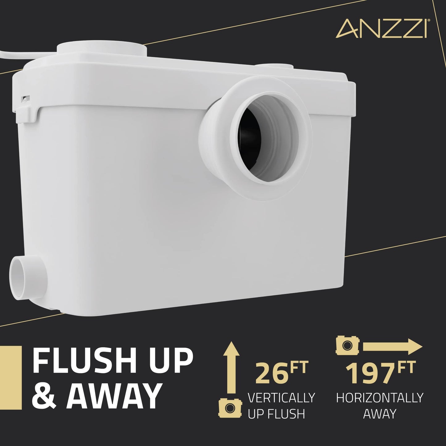 ANZZI Macerator with 0.8-HP Effluent Pump, 115-Volt 600W, High Capacity, Quiet, White - For Toilet, Sink, Tub - Fast 2000GPH, Backflow Prevention, Carbon Deodorizer, Minimal Wiring TL-AZ600MPWH