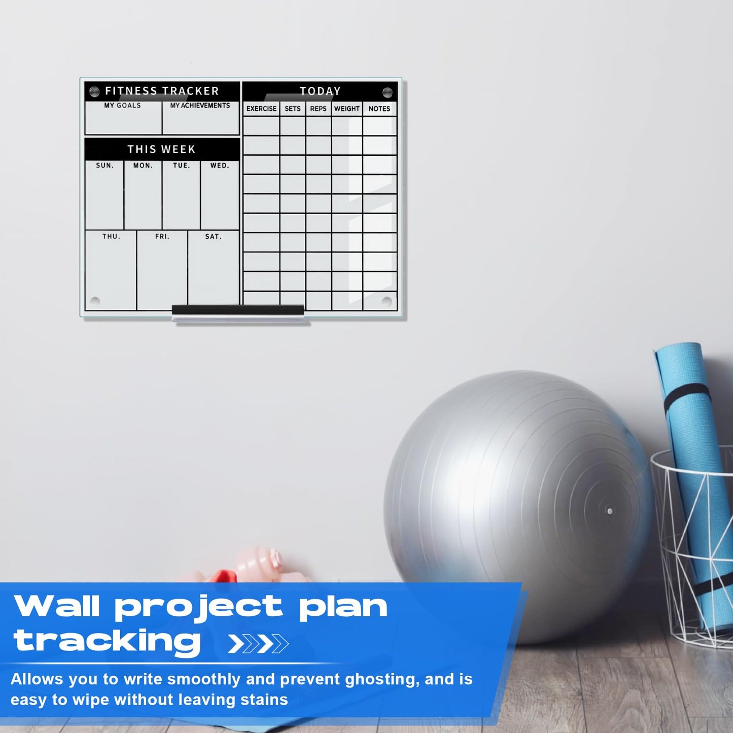 Lincia Glass Dry Erase Whiteboard Fitness Tracker 24 X18 Inch Frameless Mounted Schedule Planner Goal and Task Whiteboard for Home Apartment and Gym Use Marker and Eraser Included