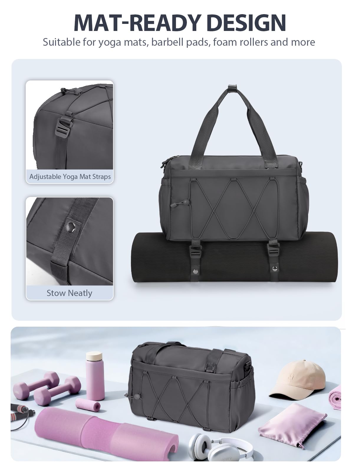 Small Gym Bag for Women with Yoga Mat Holder and Wet Compartment, Mini Gym Duffle Bag Yoga Bag with Water Bottle Pocket for Workout Travel, Dark Gray