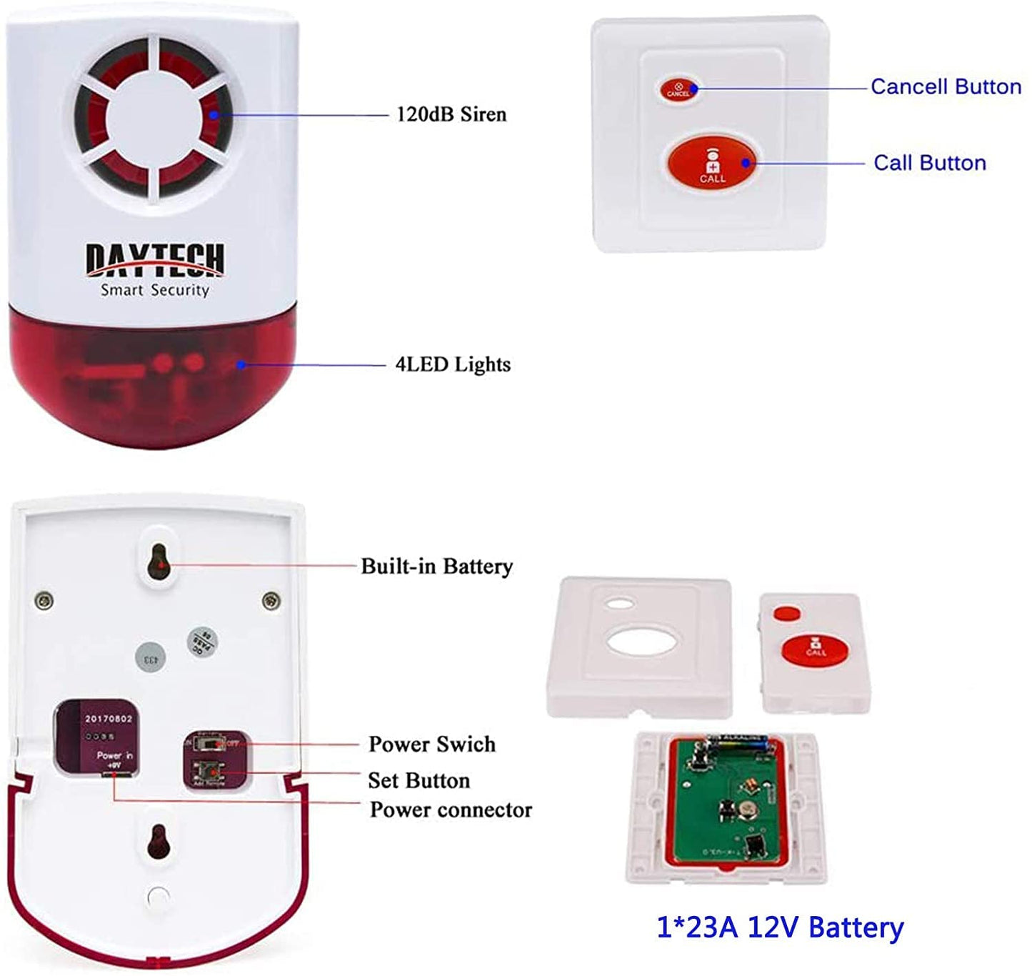 Daytech Strobe Siren Alarm Home Caring Loud Outdoor SOS Alert System