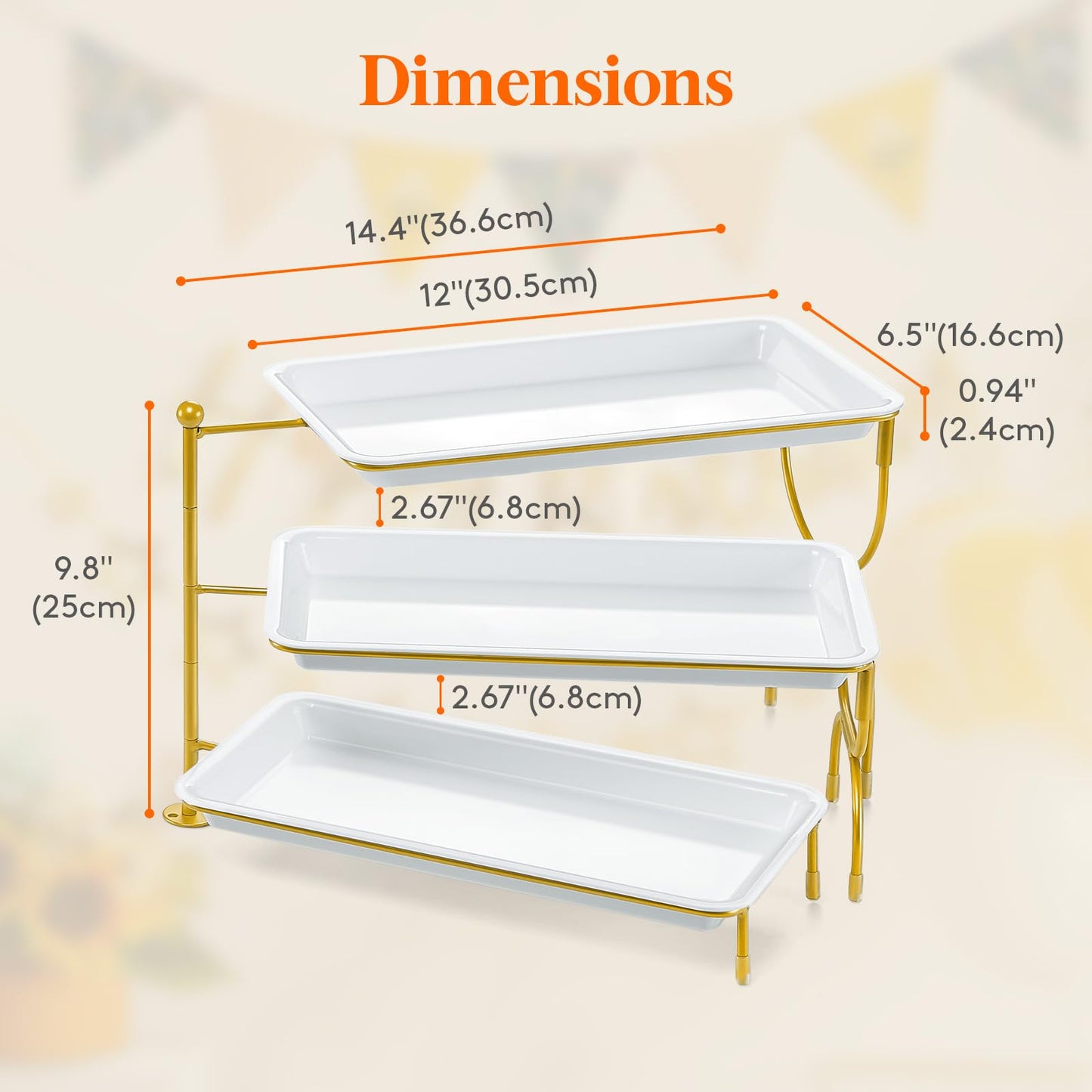 Lifewit 3 Tier Serving Tray for Party, 30 x 17 cm/12 x 6.5 Plastic Serving Platters, White Rotating Tiered Tray with Gold Collapsible Metal Stand, Decorative Dessert Table Display Set for Buffet