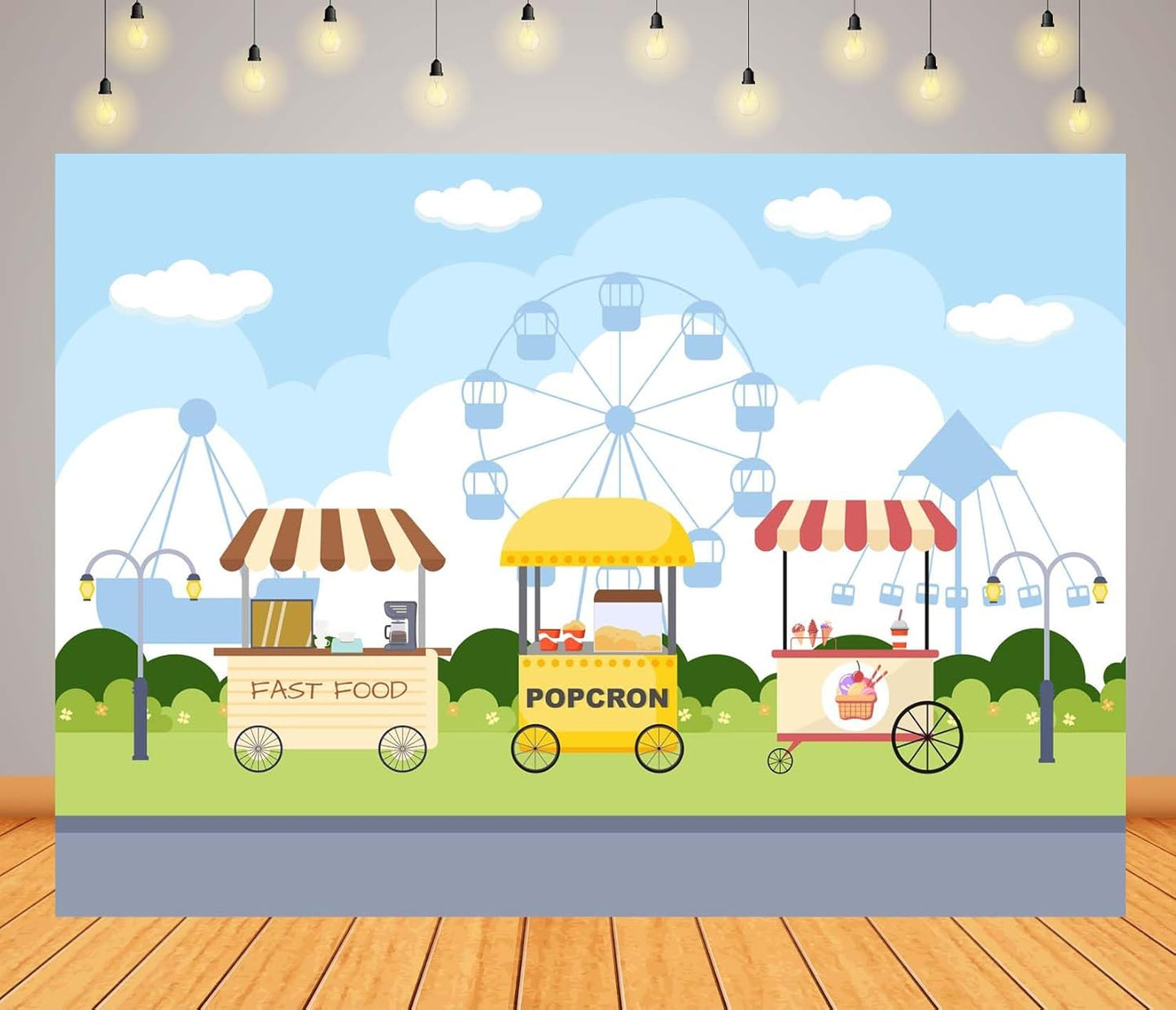CORFOTO 10x8ft Fabric Carnival Food Cart Backdrop Ferris Wheel Fast Food Popcorn Ice Cream Fair Scene Photography