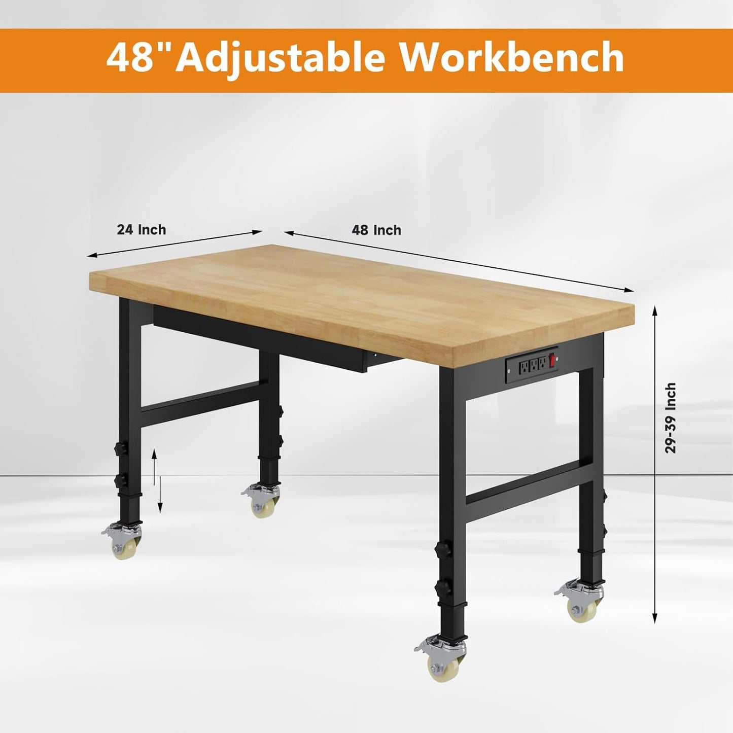Pelnuies 48" Heavy Duty Work Bench with Drawers, Adjustable Height Workbench with Wheels, 2000 LBS Capacity Work Table with Power Outlets for Garage, Workshop, Office, Home