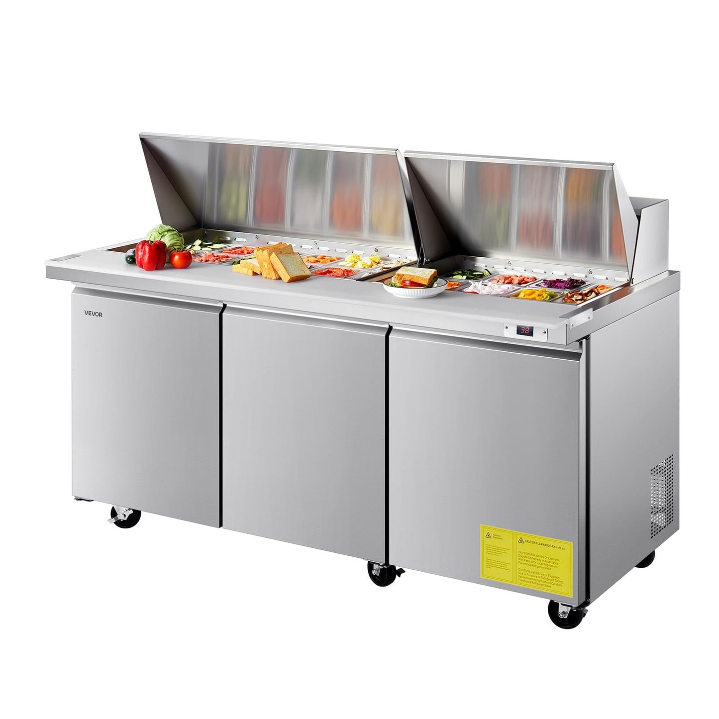 VEVOR 72"W Commercial Refrigerator, 18.7 Cu. Ft Sandwich Prep Refrigerated Table, Mega Top Food Prep Fridge with 30 Pans and Cutting Board, Stainless Steel Salad Prep Cooler for Restaurant, Food Truck