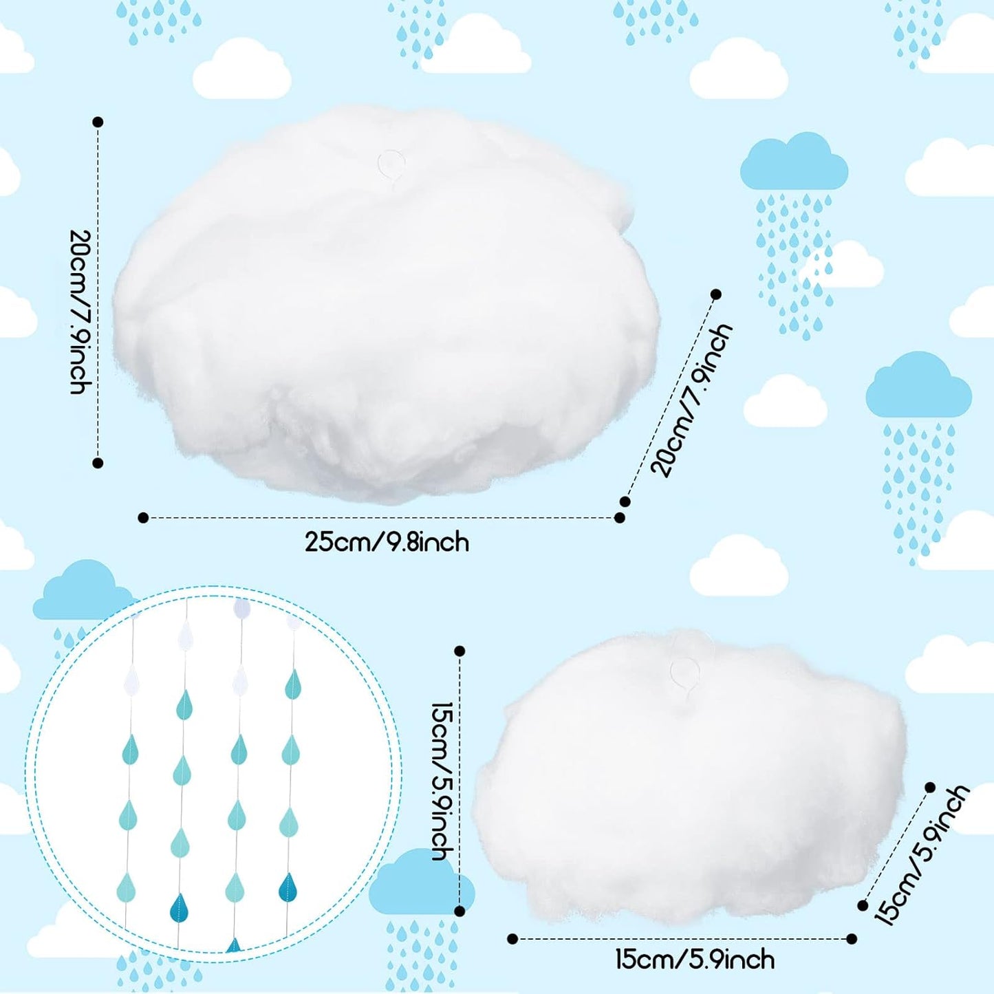 Skiennix 15 Pcs Artificial Cloud Props - 3D Raindrop Garland Set for Baby Shower & Party Decor