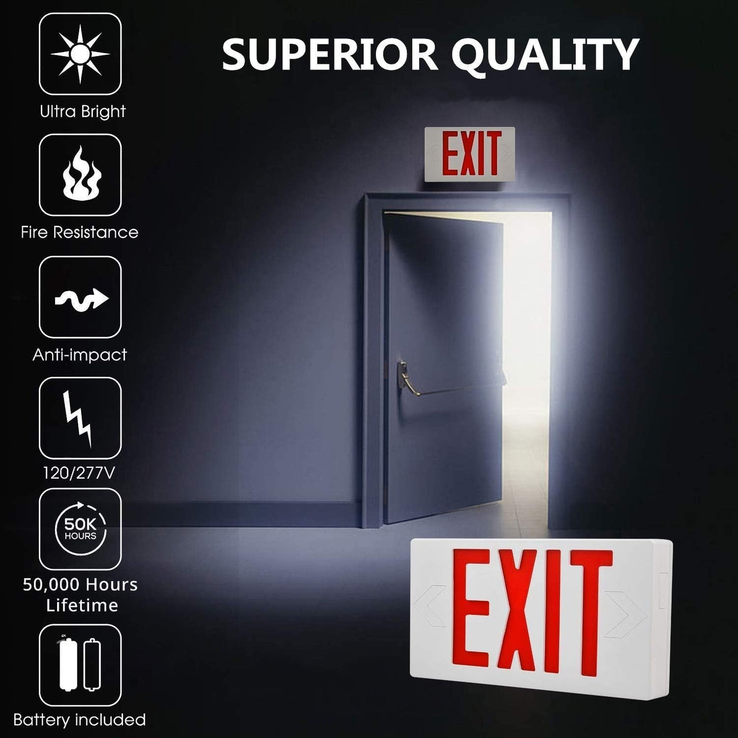 Litufine Ultra Slim LED Exit Sign, Red Letter Emergency exit Lights, 1.6W, 10lumens Universal Mounting Double Face (1-Pack)