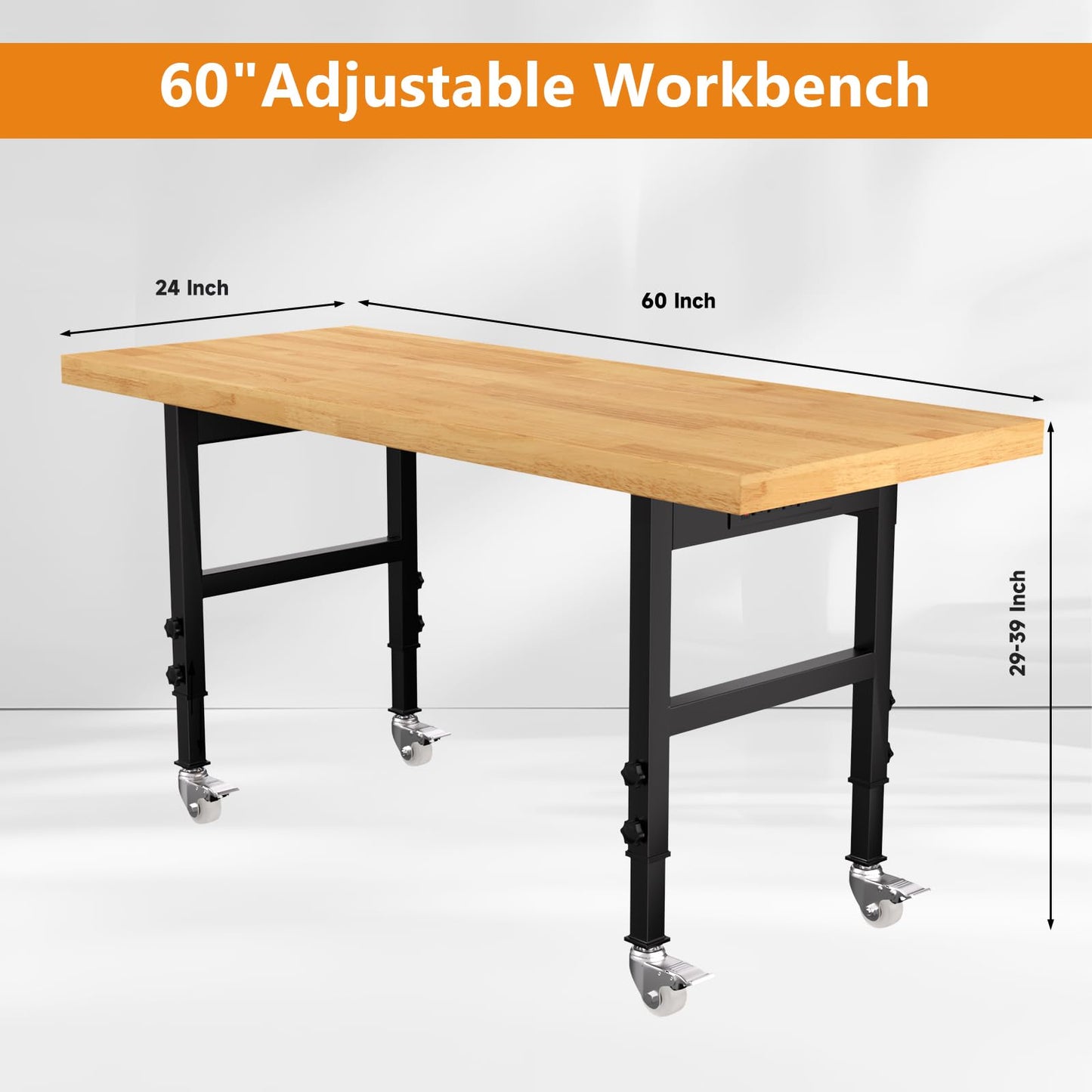 Pelnuies 60" Heavy-Duty Solid Wood Work Bench with Wheels, Adjustable Height Workbench with Power Outlets, 2000 LBS Capacity Work Table for Garage, Workshop(60" X 24")