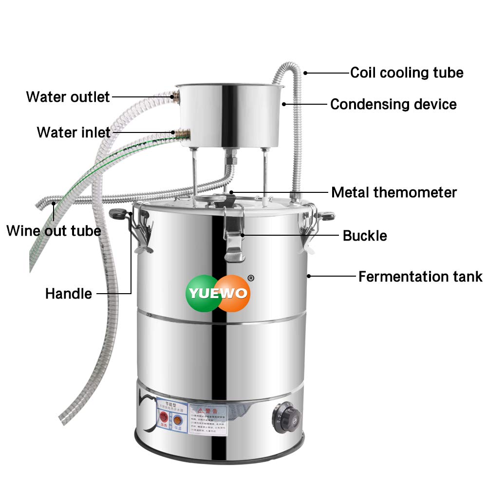 YUEWO 110V Electric Heating Automatic Alcohol Still Water Distiller Whiskey Barrel Wine Making Kit for Home Countertop for DIY Vodka Alcohol Distilled Water
