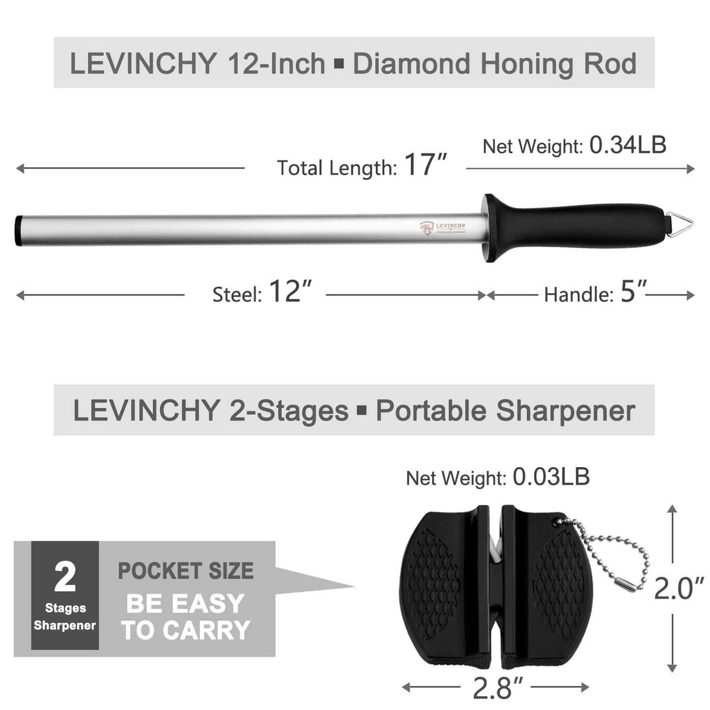 LEVINCHY Diamond Knife Sharpening Steel - 12 inch Professional Diamond Coated Honing Steel, Premium Knife Sharpener Rod for All Knives, Lightweight & Durable
