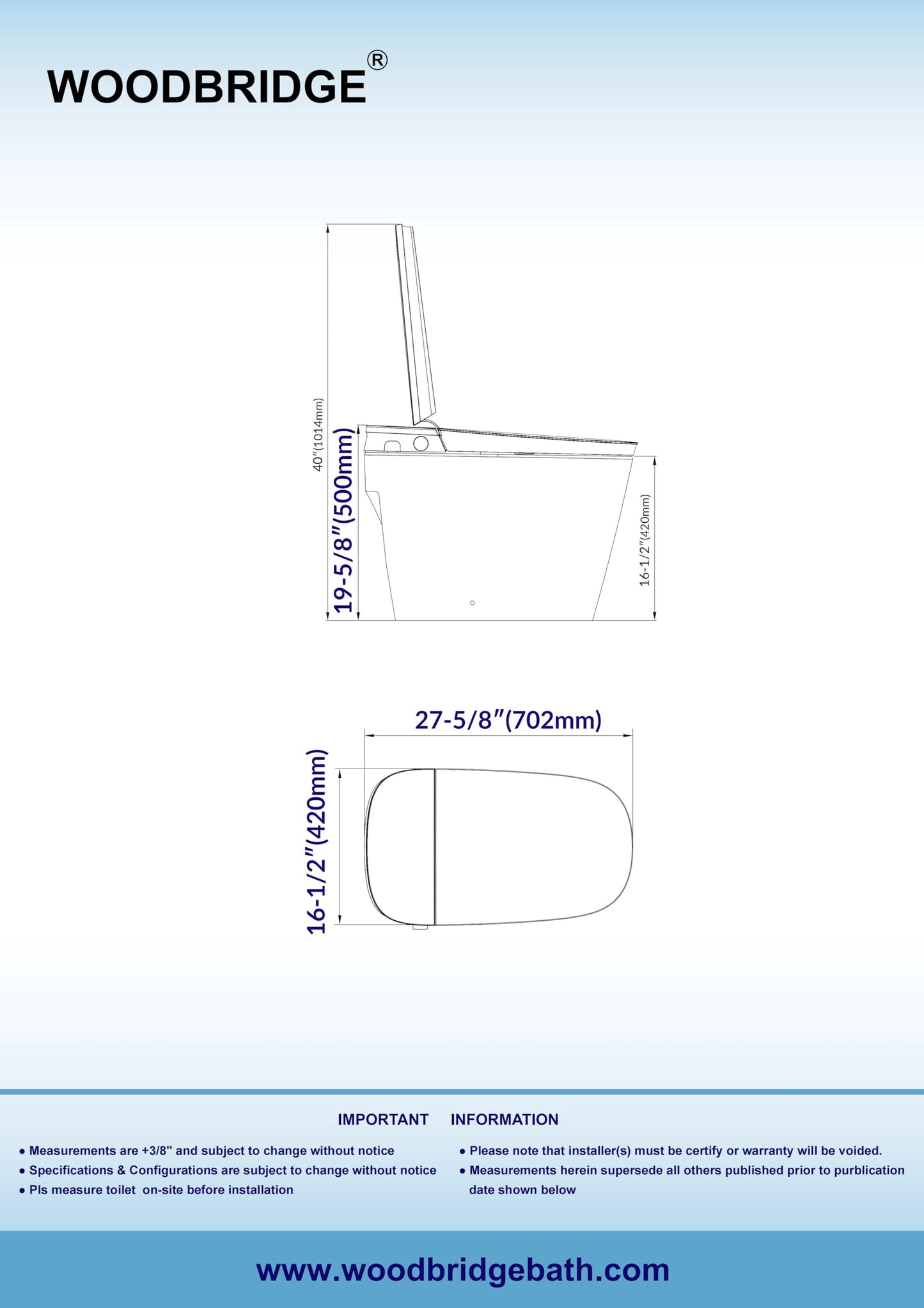 WOODBRIDGE Smart Toilet with 1000g MaP Flush Score, Foam Shield, Moving Dryer, Blackout Flush, ADA Comfort Chair Height, Auto Open & Close,Heated Seat, EBT350
