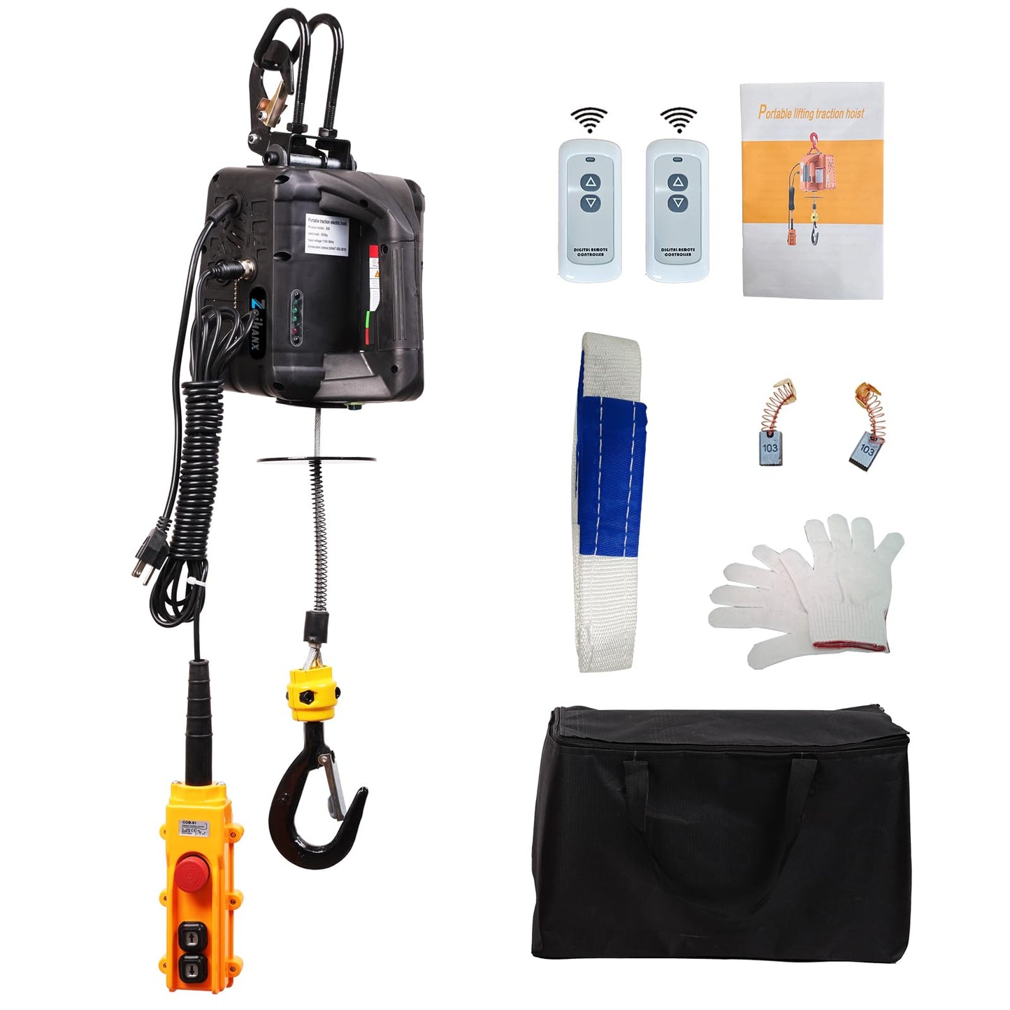 Zoihanx 3-in-1 Electric Hoist Winch,1100lb Portable Electric Winch with Double Hooks,110V Wire and Wireless Remote Control Power Winch Crane for Garage, Warehouses, and Factories