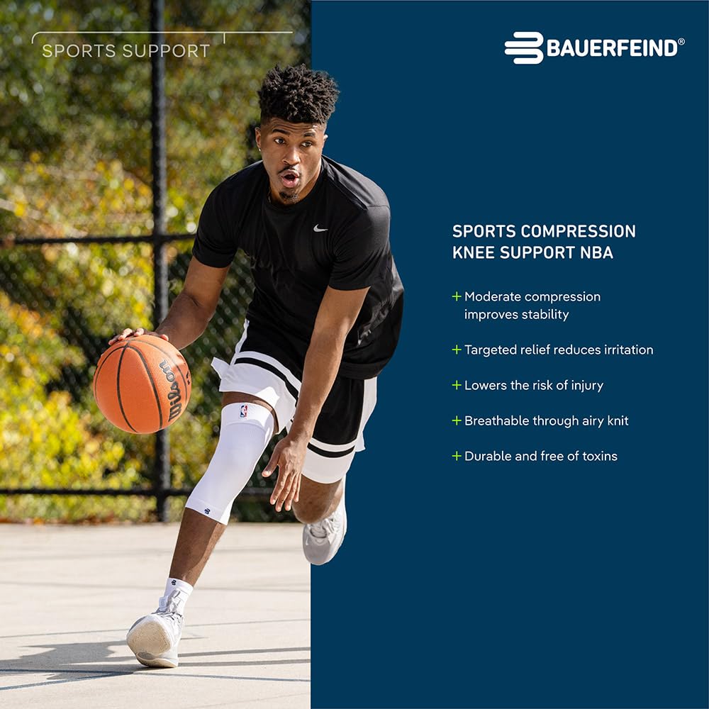 Bauerfeind Sports Compression Knee Support NBA - Lightweight Design with Gripping Zones for Basketball Knee Pain Relief & Performance with Team Designs (Black, L)