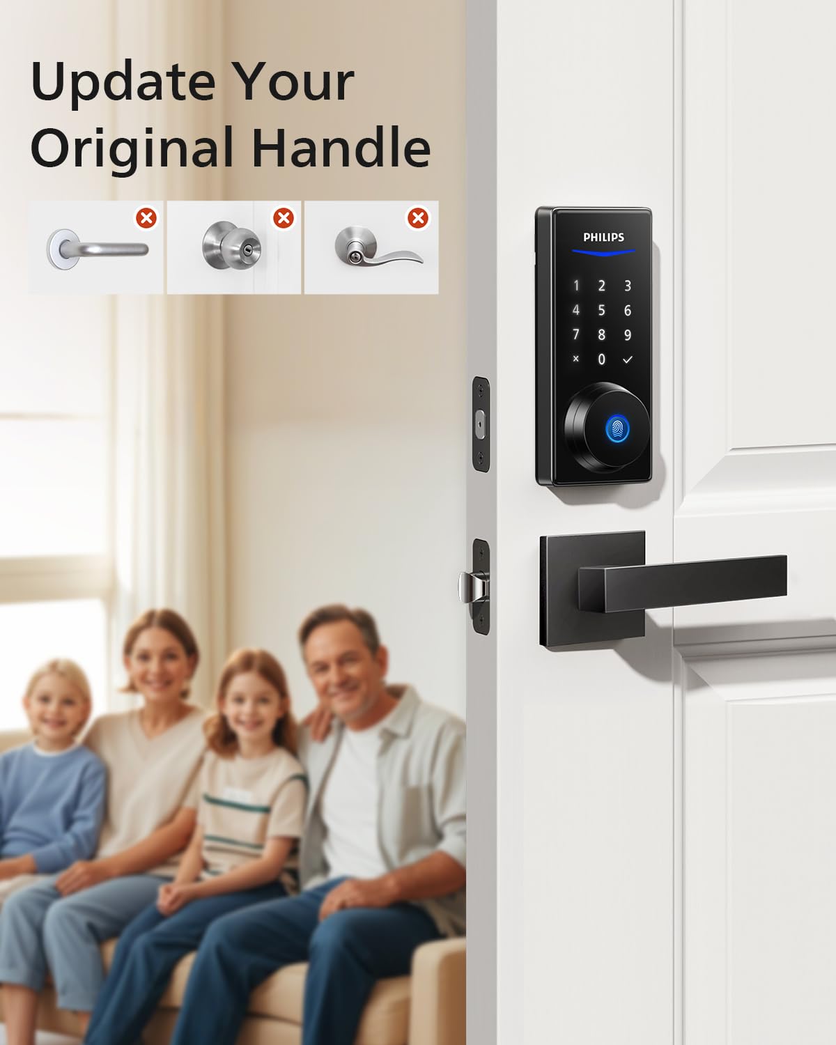 Philips Front Door Lock Set, Electronic Fingerprint Lock with 2 Lever Handles, Keyless Entry Door Lock with Handles, Auto Locking, Fingerprint Unlock, Touchscreen Keypad with Key