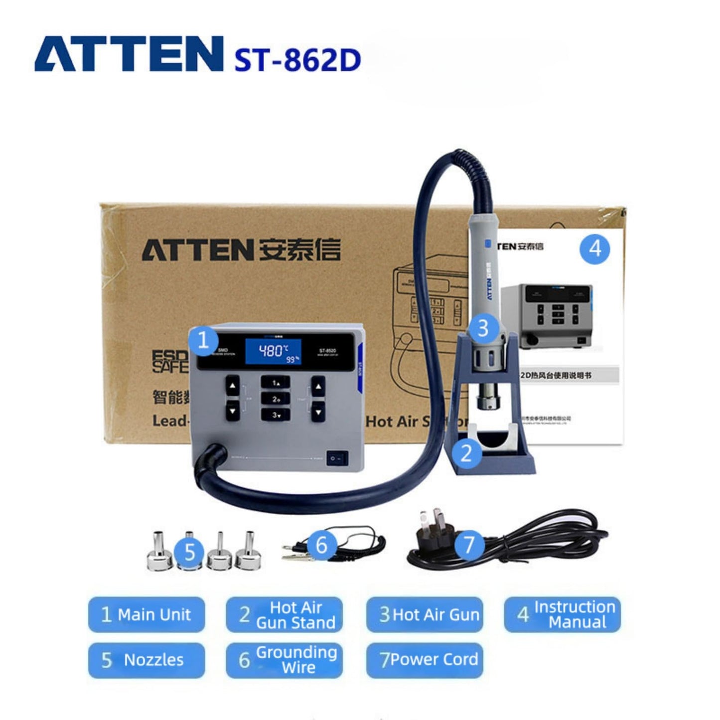 ATTEN ST-862D 1000W Digital Hot Air Rework Station - Temperature Controlled BGA/SMD Rework Station with Straight/Spiral Air Switch, Auto Sleep, 4 Nozzles for PCB Chip Soldering and Desoldering