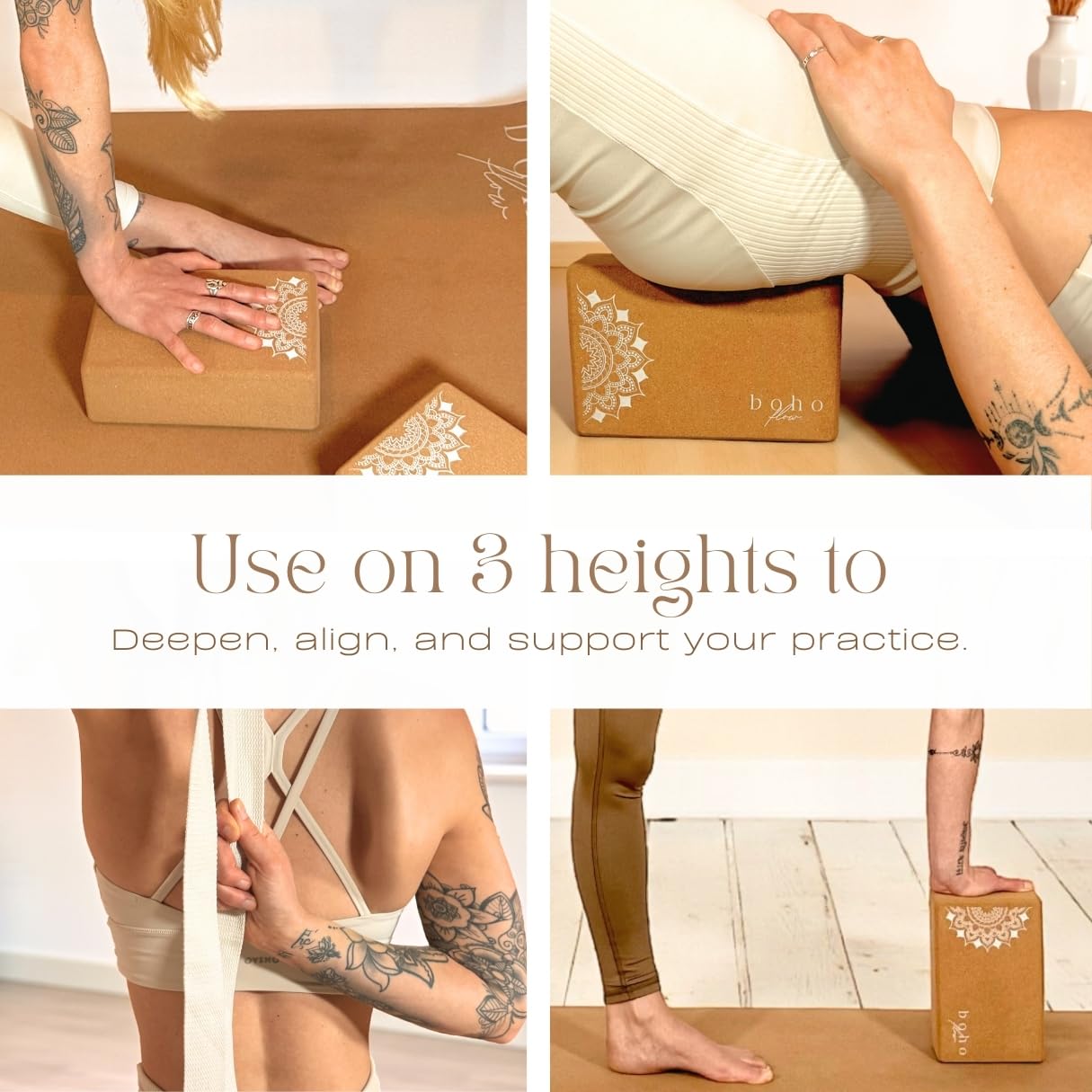 Boho Flow Cork Yoga Block Set – 2 Pack with Strap & Canvas Bag | Luxury Portuguese Yoga Blocks 9”x6”x3” | Heavy-Duty, Non-Slip Support | Eco-Friendly, Plastic-Free Materials