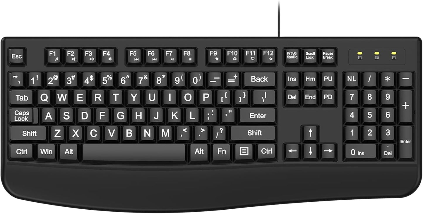 QUASIO 4X Large Print Ergonomic Keyboard, Full Size Keyboard with Wrist Rest, Silent Wired USB Computer Keyboard