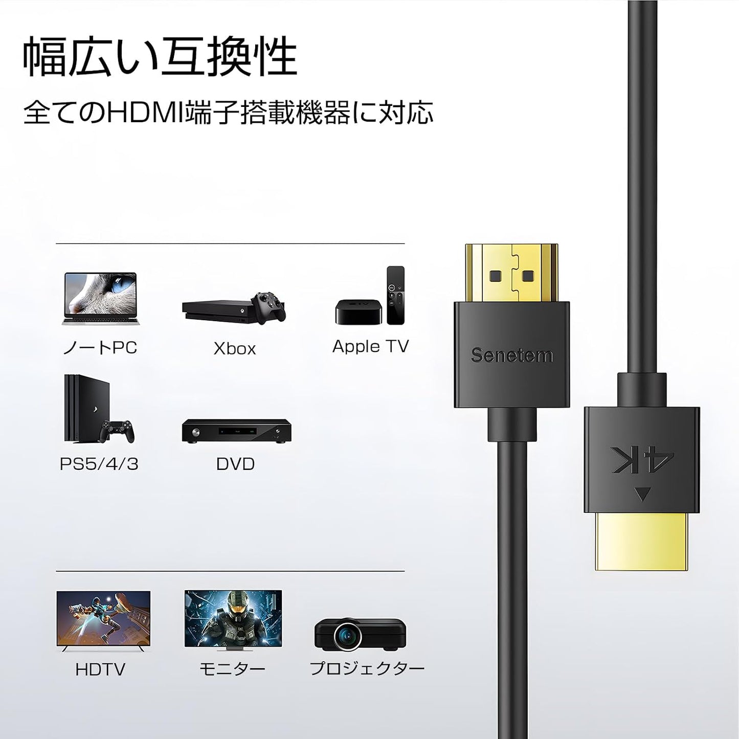 1 (4K@60Hz, 18Gbps), 2.0 2K, 3D, PS5/4/3 (1 Senetem Slim HDMI Cable ft, High Speed HDMI Cord, Thin, Low-Profile