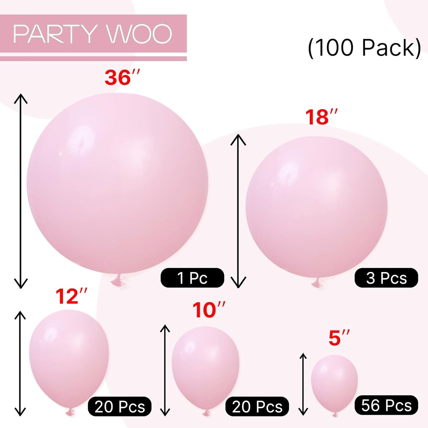 PartyWoo Light Pink Balloons - 100 Pcs Pastel Balloon Arch Kit for Baby Showers & Birthdays | Various Sizes 5-36 Inch