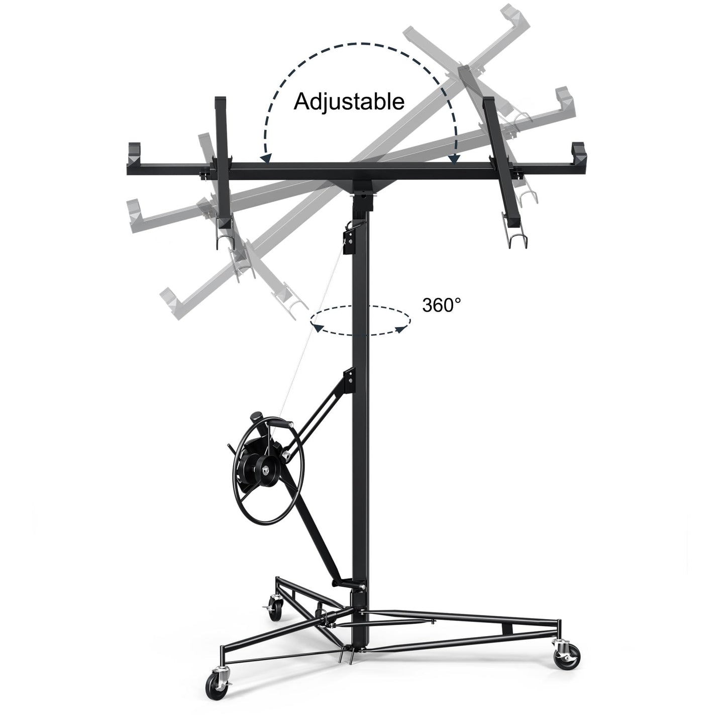 Drywall Rolling Lifter Panel,16ft Hoist Jack Lifter Sheetrock Lift Drywall Lift, 150lb Weight Capacity Panel Hoist Jack Tool, Heavy Duty Steel w/Telescopic Arm & 3 Lockable Wheels (Black)
