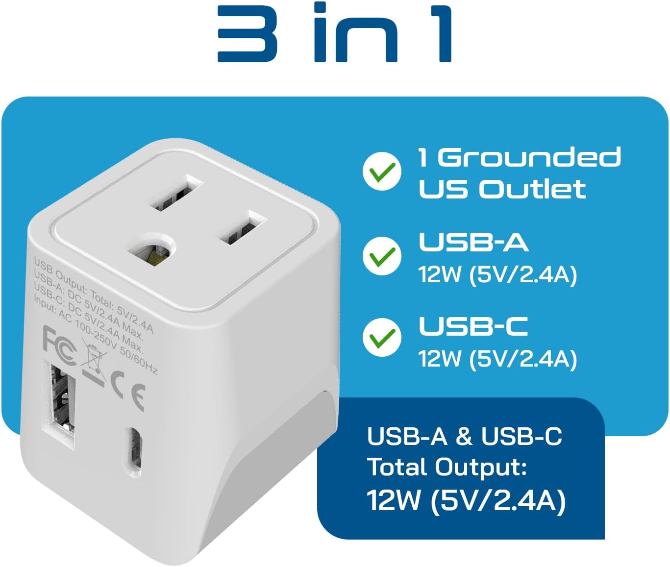 Ceptics (CTU-6) Japan, Philippines Travel Adapter Plug with USB-A + USB-C - Usa Input - Type A - Ultra Compact