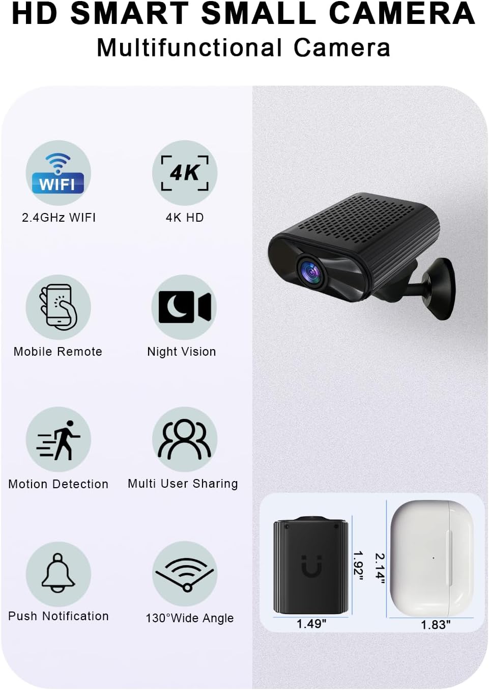 Bnhdons 4K 2.4G 5GHz Mini Camera - HD Wireless Small Camera - Tiny Indoor Security Cameras with Night Vision & Motion