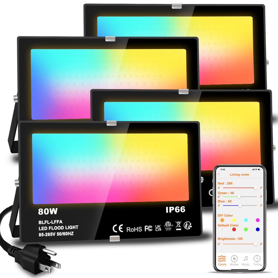LED Flood Light Outdoor 800W Equivalent 8000LM RGB Landscape Light Controlled by BRmesh APP , No Remote, DIY Scenes - Timing - 5700K Daylight White - Color Changing Uplight, IP66 US Plug MELPO(4 Pack)