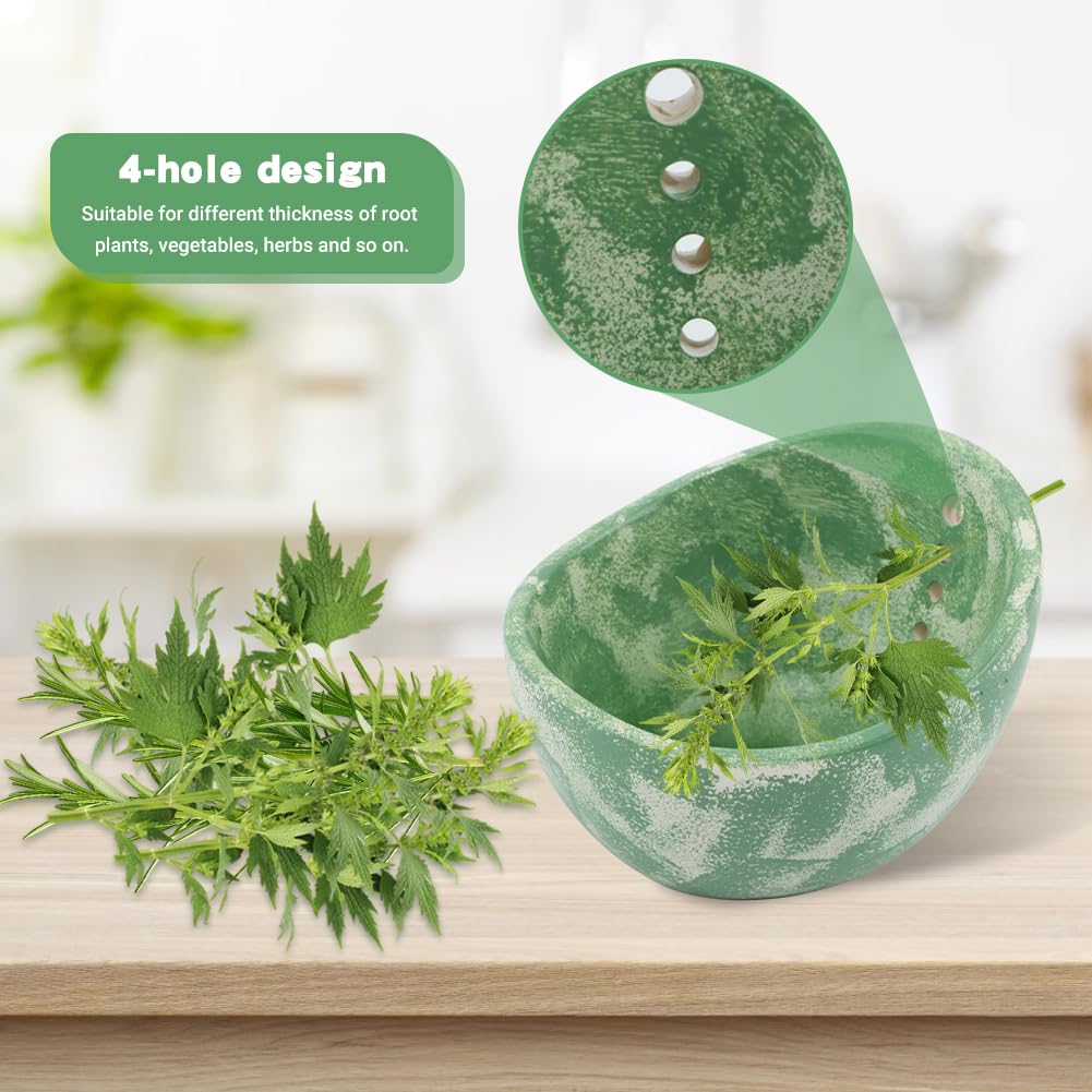 Pottery Herb Stripper Bowl, Handmade Herb Stripper Ceramic Bowl with 4-Slot Different Hole Sizes for Kale, Herbs & Broccoli, Efficient Peeling Off the Leafy Assembly(Green)